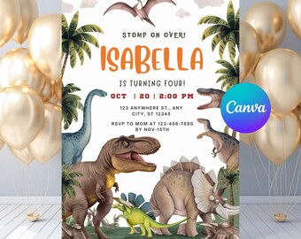 Dinosaur Birthday Invitation, Stomp On Over, Girl or Boy, Customizable Dino Party Invite - PM0051