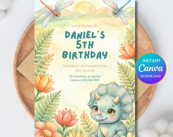 Plantilla editable de invitación de cumpleaños de dinosaurios, invitación de bebé triceratops, dinosaurio floral tropical, descarga instantánea - PM0151