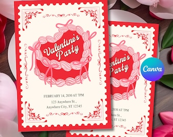 Invitación para San Valentín, pastel vintage con forma de corazón, rosa y rojo, descarga instantánea - PM0129