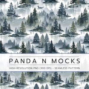 May include: Seamless pattern featuring a misty forest scene with blue and green trees, mountains, and a lake. The pattern is on a white background and includes the text "PANDA N MOCKS HIGH-RESOLUTION PNG (300 DPI) - SEAMLESS PATTERN".