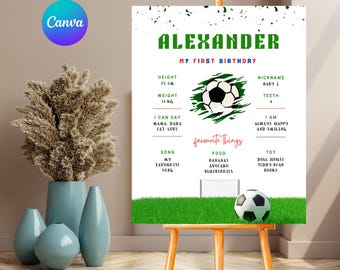 Soccer First Birthday Milestone Sign, Editable Stats Poster, Instant Download - PM0153