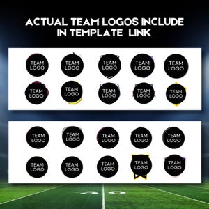 Puede incluir: Gr&aacute;fico con el texto "ACTUAL TEAM LOGOS INCLUDE IN TEMPLATE LINK". Debajo, se muestran varios dise&ntilde;os de logotipos de equipos en blanco y negro en c&iacute;rculos y otras formas, sobre un fondo de campo verde.