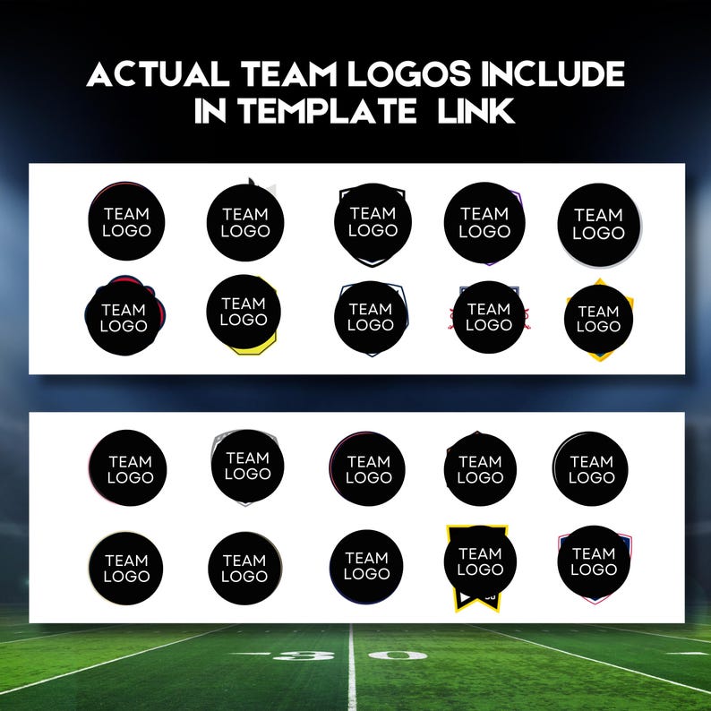 Puede incluir: Gr&aacute;fico con el texto "ACTUAL TEAM LOGOS INCLUDE IN TEMPLATE LINK". Debajo, se muestran varios dise&ntilde;os de logotipos de equipos en blanco y negro en c&iacute;rculos y otras formas, sobre un fondo de campo verde.