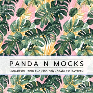Tropical Leaves Seamless Pattern | Digital Download | Monstera & Palm Leaves on Pink, Yellow Background | Seamless Floral Print for Fabric
