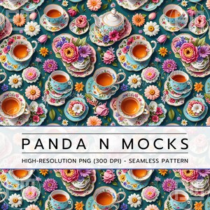 English Tea Party Seamless Pattern PNG, Vintage Floral Tea Cups, Elegant Floral China Design, Whimsical Tea Party Decor, Floral Tea Pattern