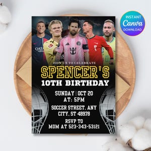 Modèle modifiable d'invitation d'anniversaire de football, fête sportive personnalisée, stars du football, Messi, Ronaldo, Mbappé, Neymar, RSVP imprimable