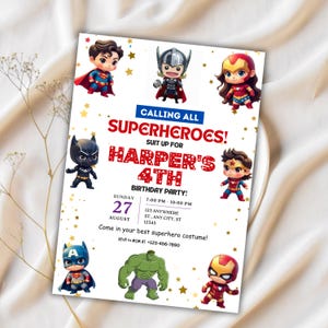 Superheld-Geburtstagseinladung bearbeitbare Vorlage, Superheld-Einladungskarte, Avengers Superhero-Einladung, Kinder-Party-Einladungsvorlage