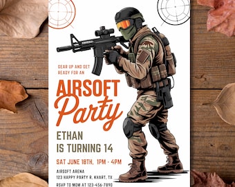 Invitación editable para fiesta de airsoft, folleto militar, invitación para munición y armas de airsoft, descarga instantánea - PM0016