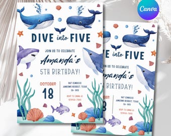 Under The Sea Birthday Invitation, Editable Whale Shark Party Invite, Nautical Any Age Kids Template, Instant Download - PM0052
