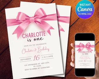 Editable Pink Bow Birthday Invitation, 1st Birthday Party Invite, Birthday Celebration, Canva Template - PM0029
