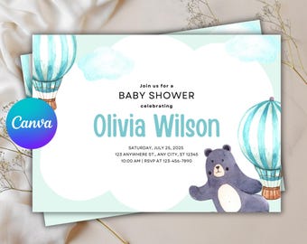 Teddy bear baby shower invitation template, we can bearly wait baby shower invite, bear with balloons baby shower download, Gender neutral