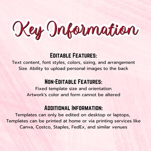 Puede incluir: Un fondo rosa con las palabras "Key Information" en una fuente cursiva. El texto describe las caracter&iacute;sticas editables y no editables de una plantilla, incluido el contenido del texto, los estilos de fuente y el tama&ntilde;o. Tambi&eacute;n menciona d&oacute;nde se pueden editar e imprimir las plantillas.