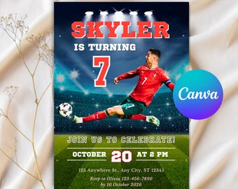 Cristiano Ronaldo Birthday Invitation, Editable Soccer Party Invite, CR7 Football Theme, Instant Download - PM0004