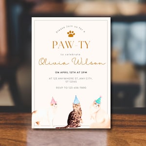 Modello modificabile per invito di compleanno con gatti, invito di compleanno con gatti carini, festa di compleanno con gattini, facciamo zampate, hai ragione, gattino? Miao