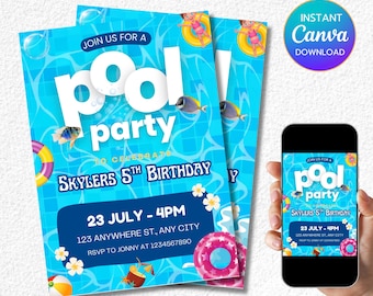 Editable Pool Party Invitation Template, Pool Party Invite, Summer Birthday Party, Swimming Party - PM0028