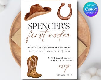 Editable First Rodeo Birthday Invitation, Rodeo Birthday Invite, Cowboy Western Birthday Invite,  - PM0014