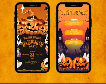 Invitación animada en video para fiesta de Halloween, invitación editable en video para fiesta de Halloween, invitación electrónica con efecto neón, plantilla de video de Canva - PM0248