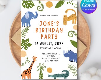 May include: A white invitation card with a jungle theme, featuring cartoon animals like an elephant, giraffe, and crocodile. The text reads "Jone's Birthday Party" with the date and time. The card is on a wooden tray with a cotton ball and an envelope.