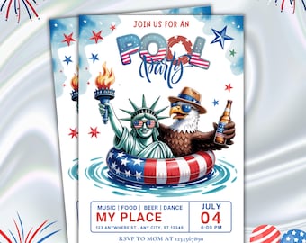 Invitación a fiesta en la piscina del 4 de julio, invitación a fiesta patriótica en la piscina del 4 de julio, fiesta de verano del Día de la Independencia, descarga instantánea - PM0167