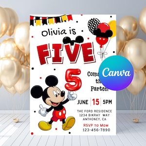 Editable Mickey Mouse Birthday Invitations, Mickey Birthday Invite, Mickey Mouse Invitation, 5th Birthday Invite Girl - PM0010