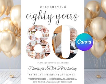 Plantilla de invitación de cumpleaños número 80 con collage de fotos, Celebrando 80 años, Plantilla de Canva, Descarga instantánea - PM0088