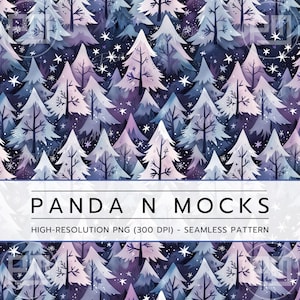 May include: Seamless pattern featuring a winter forest with stylized evergreen trees in shades of white, blue, and purple. The trees are set against a dark, starry background. The text "PANDA N MOCKS" is at the bottom.