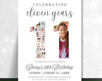 Invitación con collage de fotos para el 11.º cumpleaños, plantilla de Canva (5x7 pulgadas, PDF y JPG) - PM0082