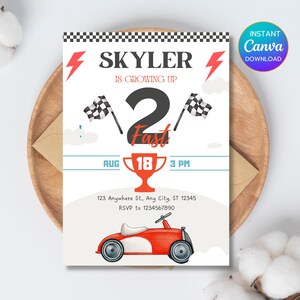 Editable TWO Fast Birthday Invitation, Race Car 2nd Birthday Invite, Racing Car, Vintage Racecar, Printable Template, Instant Download