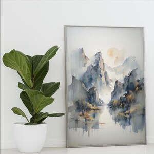 Nebliger Bergsee Wand Kunst – Ruhige Landschaft – Moderne Natur Aquarell Poster – Gelassenes Zen Wohndekor