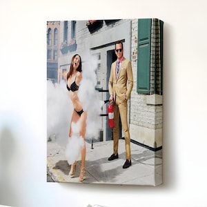 Mężczyzna pomagający kobiecie z rurką w obrazie, Nü Modern Wall Decor, Oprawione płótno ścienne, Nü Canvas Wall Art