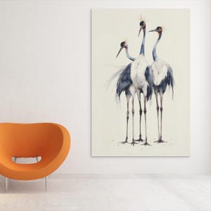 Minimalistische Kranich Wandkunst – Trio Vogel Druck – Elegante Tier Illustration – Ruhiges, Modernes Zuhause – Von der Natur inspiriertes Poster