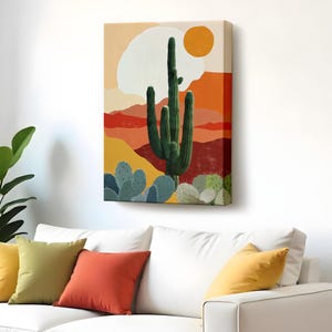 Abstrakter Kaktus in der Wüste Leinwand Gemälde, Housewarming Geschenke, illustration Leinwand Druck, große Wandkunst, gerahmte Leinwand Wandkunst