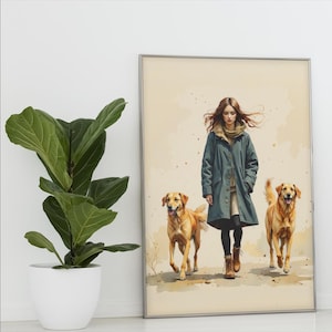 Herbstspaziergänge Kunstdruck, launische Herbstlandschaft Leinwand, gemütliche Hundeliebhaber Wandkunst, Golden Retriever ästhetisches Dekor, Naturliebhaber Geschenke
