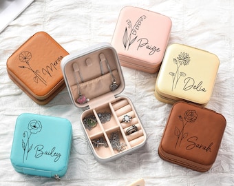Regalo floreale per il mese di nascita, custodia da viaggio per gioielli con fiori di nascita, regalo di compleanno personalizzato, custodia da viaggio per gioielli in pelle, custodia per gioielli personalizzata