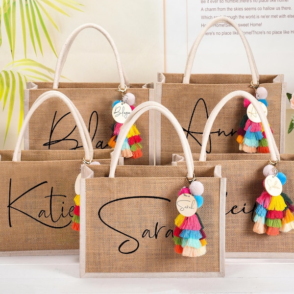 Custom Burlap gift Bag,Personalized Bridesmaid Gift Bag with charm,Bachelorette Party Bag, Bridesmaid Proposal Gift,Beach Bag,Beach tote bag