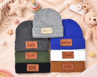 Personalized Knit Baby Beanie: Custom Name Leather Patch Winter Hat