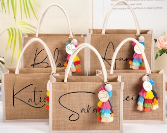Personalized Bridesmaid Gift Bag with Charm,Custom Burlap Gift Bag,Beach Tote Bag,Bachelorette Party Bag, Bridesmaid Proposal Gift,Beach Bag