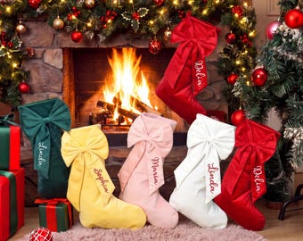 2026 Embroidered Christmas Stocking, Personalized Bow Christmas Stocking, Velvet Christmas Stocking With Name, Christmas Gift, Family Decor