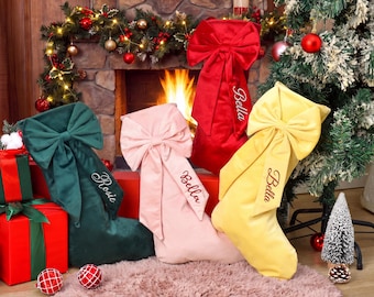 Personalized Bow Christmas Stocking, 2026 Embroidered Christmas Stocking, Velvet Christmas Stocking With Name, Christmas Gift, Family Decor