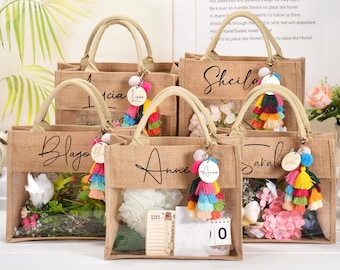 Personalized Burlap Bridesmaid Tote Bag: Boho Tassel Charm