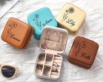 Estuche de joyería personalizado, regalos para damas de honor de boda, caja de joyería de viaje, regalo para damas de honor, regalo para la fiesta nupcial, organizador de joyas de flores de nacimiento
