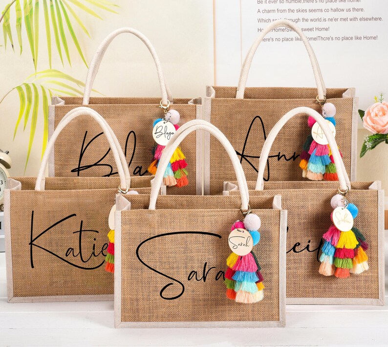 Personalized Burlap Bridesmaid Tote Bag: Boho Tassel Charm - Etsy