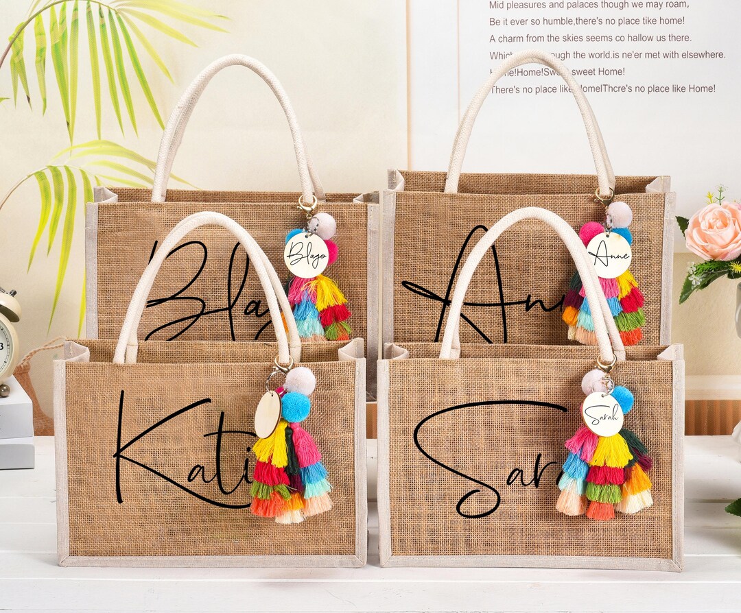 Personalized Burlap Bridesmaid Tote Bag: Boho Tassel Charm - Etsy
