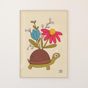 May include: A whimsical illustration of a turtle carrying a vase of flowers. The turtle is green with a brown shell, and the flowers are blue and pink. The artwork has a hand-drawn style with a beige background.