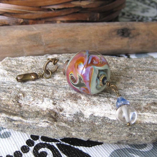 Lampwork bead Fan Pull- Raku Swirl, Silver glass