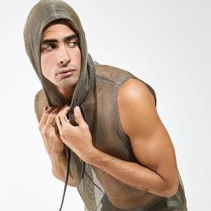 Copper Sexy Hooded Mesh Tank Top – Festival Clubwear, Gay Party Outfit, Fashion Summer Top
