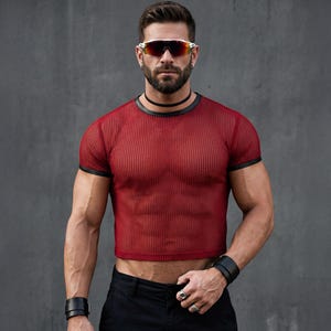Op de afbeelding: Rode mesh crop top met zwarte afwerking en korte mouwen. Het model draagt een zwarte broek en zonnebril. Een zwarte choker en armbanden zijn ook zichtbaar. De achtergrond is effen grijs.