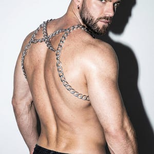 Men's shoulder chain harness side view, silver aluminum body chain, festival rave accessory, gay fashion jewelry