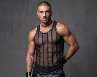 Black Mesh Tank Top, Transparent Racerback Stringer, Club Party Wear