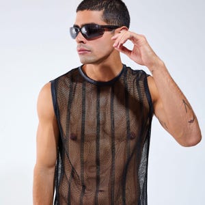 Black Sheer Mesh Tank Top with Faux Leather Trim – See Through Festival Shirt for Club, Beach, Rave, Streetwear, Summer Look